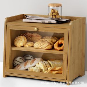 Caja de Pan de Bambú de Doble Capa, Mueble de Almacenamiento para Encimera de Cocina, Contenedor de Pan de Madera con Puerta de Vidrio - Product Image 1