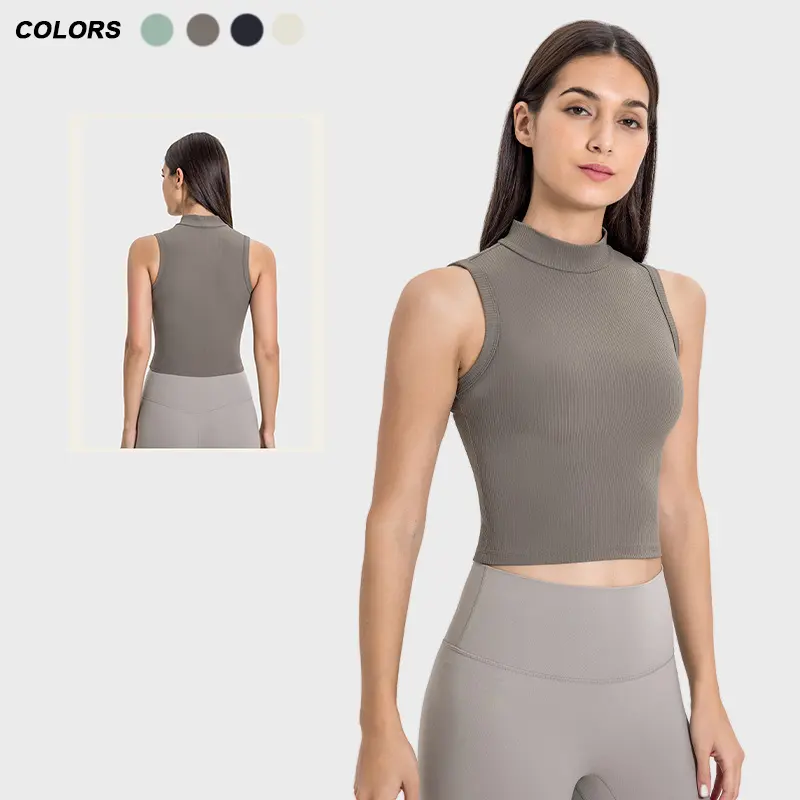 Top cropped sexy sem mangas para mulheres, regata de algodão slim com gola alta personalizada de alta qualidade com nervuras