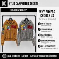 Hoodie zippé 380 g/m² avec empiècements personnalisés en patchs, appliques cloutées et badges sur les manches, effet délavé à l'acide, pour fabricants OEM ODM de marques
