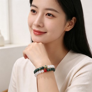 <span class=keywords><strong>Bracelet</strong></span> élastique en pierres précieuses pour femme, perles de quartz cerise naturel et de <span class=keywords><strong>jade</strong></span> blanc, breloque sculptée, perle à accent rouge, empilable - Product Image 3