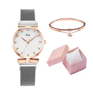 महिलाओं घड़ी उपहार सेट कंगन गुलाब गोल्ड महिला के लिए महिला Minimalist सरल स्लिम पतली आकस्मिक क्वार्ट्ज कलाई घड़ियों JXS27