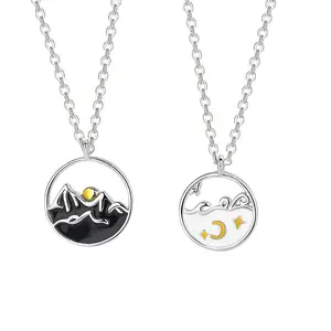 Fashion Couple Silver Color Epoxy Hollow Mountain Sea Pendant Personalized Hollow Mountain Sea Valentine's Day Anniversary Gift