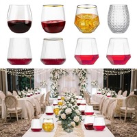 Verre à vin sans pied en plastique PET 12 oz, incassable, transparent comme du cristal, réutilisable, pour mariage, fête, bar, 8 styles, bord doré