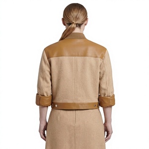 <b>Women</b> Leather Trim Wool Bomber Jacket Beige Camel Contrast Patchwork Cropped Short <b>Coat</b> Designer Ladies Outerwear - Product Image 3