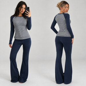 Conjunto Casual de 2 Piezas para Mujer, Color Sólido, Bloques de Color, Camiseta Holgada de Manga Larga con Cuello Redondo y Pantalones de Pierna Recta, Estilo Urbano - Product Image 1