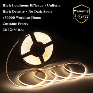 شريط إضاءة <span class=keywords><strong>LED</strong></span> قابل للقص بحرية بتقنية COB، 480 مصباح <span class=keywords><strong>LED</strong></span>، أبيض 3000K، 4000K، 6500K، مؤشر تجسيد الألوان 90+، إضاءة عالية قابلة للتعتيم، مناسب للخزائن والغرف، معتمد CE وRoHS - Product Image 1
