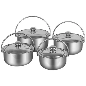 Set panci Stainless steel India, empat buah set panci memasak untuk dapur multifungsi, set peralatan masak panci sup dengan pegangan
