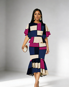 Conjunto de Dos Piezas Elegante Retro para Mujer Talla Grande - Magenta y Azul con Parches, Ropa Casual de Verano para Oficina y Ocasiones Formales - Product Image 6