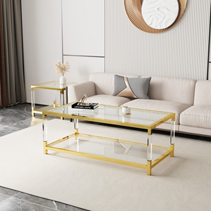 Modern Acrylic <b>Leg</b> <b>Coffee</b> <b>Table</b> Double Layer Tempered Glass Top Golden Metal Frame 47.2x23.6x17.7 Inch Living Room - Product Image 2