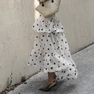 French Street Vacation Polka Dot Color Block Ruffle Asymmetrical <b>Skirt</b> Elegant Instagram Style Retro Relaxed Tiered Midi <b>Skirt</b> - Product Image 3