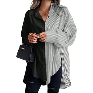 FOXA Chemise asymétrique rayée à manches longues et boutonnée pour femme, grande taille, pour le travail, automne - Product Image 1