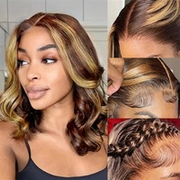 Perruque Lace Front MEILASI en gros, ondulée, marron clair, avec dentelle frontale, blond miel, coupe courte bob, ligne de cheveux naturelle, densité 150%, ajustable