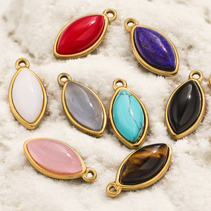 Pendentif en forme de marquise en acier inoxydable plaqué or PVD pour la fabrication de bijoux |   Œil de tigre, obsidienne, agate, turquoise - Product Image 3