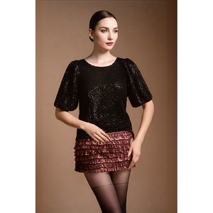 Chemise à manches courtes à col rond en sequins noirs glamour pour femmes - Haut de fête élégant T-<span class=keywords><strong>shirt</strong></span> pour femmes - Product Image 3