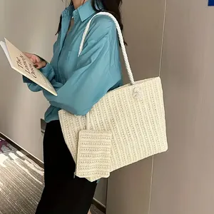 Sac à main de plage d'été fait à la main pour femmes Sac à main en paille décontracté tissé à deux bretelles Grande capacité Sac à bandoulière - Product Image 5