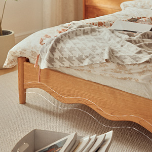 Yangge Nordic Solid Wood <b>Bed</b> Cherry Wood 1.8M <b>Double</b> <b>Platform</b> <b>Bed</b> Japanese Style Wave Pattern Simple Design - Product Image 4