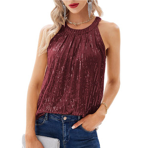 New Solid Color Hanging Neck Paragraph Women's Stretch <b>Sequin</b> Vest <b>Top</b> Fashion - Product Image 4