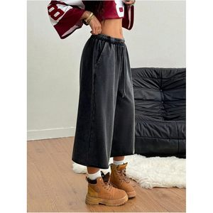 FOXA Women's Wide Leg Drawstring Waist Cropped Sweatpants With Pockets Breathable Cotton Terry Fabric Pants For Workout - Product Image 3