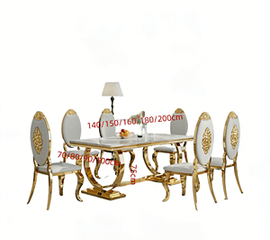 Ensemble <span class=keywords><strong>de</strong></span> table à <span class=keywords><strong>manger</strong></span> moderne en acier inoxydable doré, <span class=keywords><strong>6</strong></span> chaises en cuir blanc, pieds dorés, plateau en marbre <span class=keywords><strong>de</strong></span> luxe, pour 4 à 12 personnes, hôtel - Product Image 5