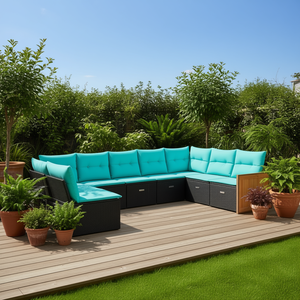 Set Divano da Esterno in Polyrattan Nero con Cuscini, 7 Posti, Design Contemporaneo con Dettagli in Legno Massello - Product Image 2