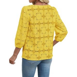 Blusa de Encaje Amarillo para Mujer con Estampado Floral, Manga Abullonada 3/4, Top Informal para Uso Diario - Product Image 3