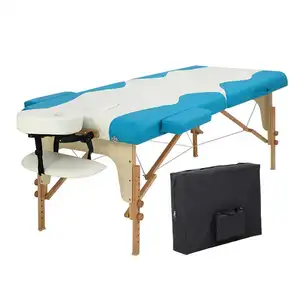 WMT-608 Cambodia Factory Custom Fashion 2 Section Blue and White Wooden Folding Adjust Table Tattoo Spa Bed Massage Table