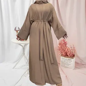 热卖两件套Abaya套装女性穆斯林Abaya de Dubai纯色Abaya土耳其伊斯兰服装