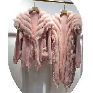 Custom Short Long Loose Pink Knitted Real Fox Fur Tassels Korean Sweater Cardigan With Fox Fur For Women