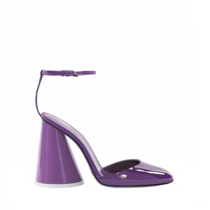 Talons blocs pompe personnalisés pour femmes avec bride arrière, chaussures à talons hauts bout pointu pour femmes, <span class=keywords><strong>escarpins</strong></span> violets à talons épais brevet - Product Image 1
