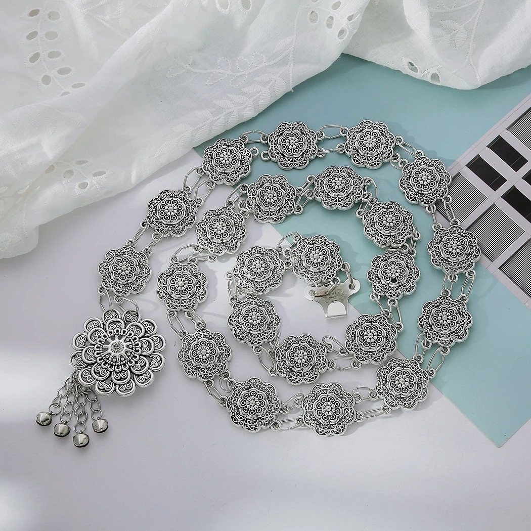 Women Belt Flower Gold Silver Bell Tassel Dance Waist Chain Ethnic
