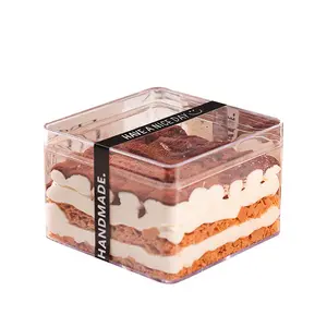 Quảng trường Acrylic Tiramisu bánh lưu trữ container hộp Mousse tráng miệng kẹo Biscuit ngọt ngào bao bì nhựa rõ ràng Box với nắp