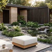 Pouf d'extérieur en teck avec coussin en tissu imperméable, compatible avec les systèmes de canapés pour mobilier de jardin, de villa et de balcon