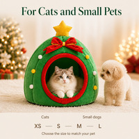 Lit pour animaux de compagnie en forme de sapin de Noël, semi-fermé, pour chat et chien, dôme en peluche chaud pour l'hiver, niche de vacances pour chat