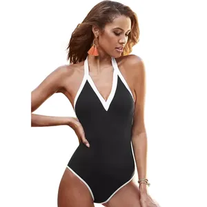 Ladymate ODM/OEM ट्रिको डे बैन Swimwear के काले और सफेद विपरीत महिलाओं स्नान सूट समुद्र तट Backless Monokini स्नान सूट प्लस