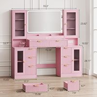 Coiffeuse rose avec miroir LED RGB à commande par application, plateau en verre et station de charge, grand meuble de rangement pour la vente en gros