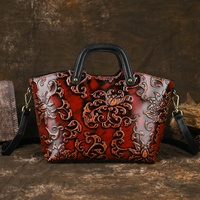 Sac à main pour femme en cuir véritable de style rétro chinois, sac fourre-tout en cuir de vachette de première couche, fermeture éclair, technologie de frottement de couleur, gaufrage