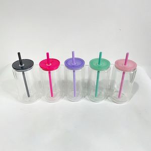 Glitter Flowing Double Wall Sublimation <b>Snowglobe</b> Glass 12Oz 15Oz Clear Soda Beer Can Cup With Plastic Lid and Straw - Product Image 3