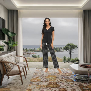 ชุดนอนผู้หญิง SWD แขนสั้น คอวี ผ้าถักเนื้อนุ่มลื่น สีพื้น สองชิ้น พร้อมขอบเอวยางยืด สำหรับฤดูใบไม้ร่วง/ฤดูใบไม้ผลิ - Product Image 3