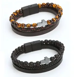 Fashion Magnetic Clasp Hematite Cross Bracelets Men Classic Multilayer Genuine Leather Braided Natural Lava Stone Beads Bracelet