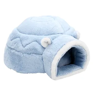 Açık mavi peluş Igloo şekilli ev iki yönlü kullanılan kedi tüneli yatak Kitty