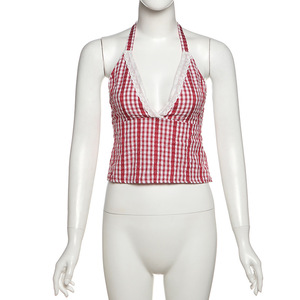 วิวิบลุค Z312ST02 ชุดฤดูร้อนสำหรับผู้หญิง เสื้อกล้ามเว้าลึกผูกเชือก ชุดกางเกงขาสั้นลายสก็อตเอวสูง ชุดสองชิ้น - Product Image 4