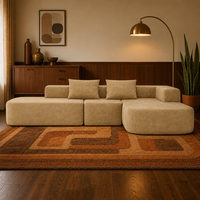 Canapé modulaire en daim camel avec chaise longue, garnissage en éponge à profil bas, tissu écologique durable pour salon Japandi