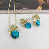 Ensemble de bijoux en émail avec fleurs, cristaux bleus et perles, collier et boucles d'oreilles pour femmes, accessoire rétro élégant KY25126