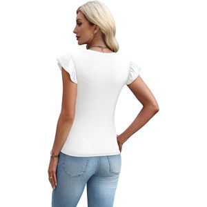 Womens Ruffle Trim Sleeveless Top Round Neck Fitted Knitted <b>Blouse</b> Casual Summer Breathable Lightweight Shirt - Product Image 5