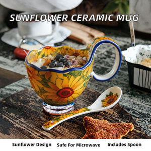 Sunflower Pattern 450ml Underglaze European Style Large Ceramic Mug Yogurt Bowl Spoon Dishwasher Microwave Safe Hot Drinks Gift - Product Image 2