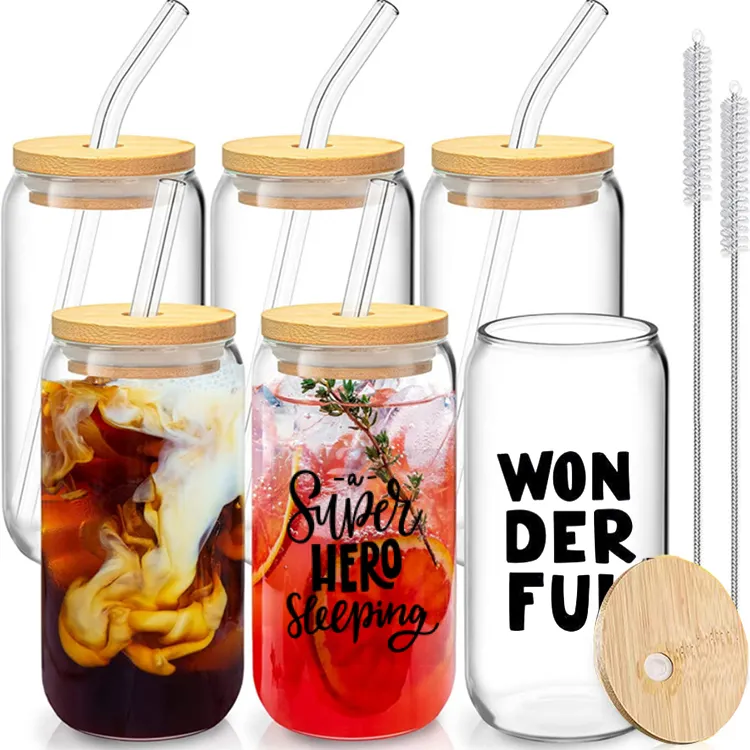 Heißer Verkauf 12oz 16oz Transparente klare leere Libbey Sublimation Bierdose geformte Glas becher Flasche mit Bambus deckel und Strohhalm