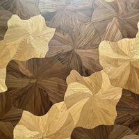 Parquet en bois d'ingénierie à motifs mélangés incrustés, grand motif de fleur de lotus, style de courbe irrégulière, mur de fond, sol en bois