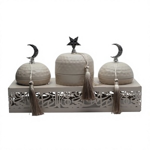Bols de service ronds islamiques avec couvercle, décor étoile et lune, pompons, design oriental pour la vaisselle du Ramadan, bols à dattes - Product Image 4