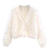 Schneller Versand Locker Sitzender Kurzer V-Ausschnitt Cardigan Damen Strickpullover Herbst Winter Mode Perlen-Cardigan für Frauen