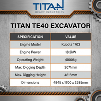 Mini-excavatrice sur chenilles TITAN TE40 de 4 tonnes, moteur 0,11 m, godet de 17,1/18,2 kW, haute efficacité, certifiée CE EPA EURO 5